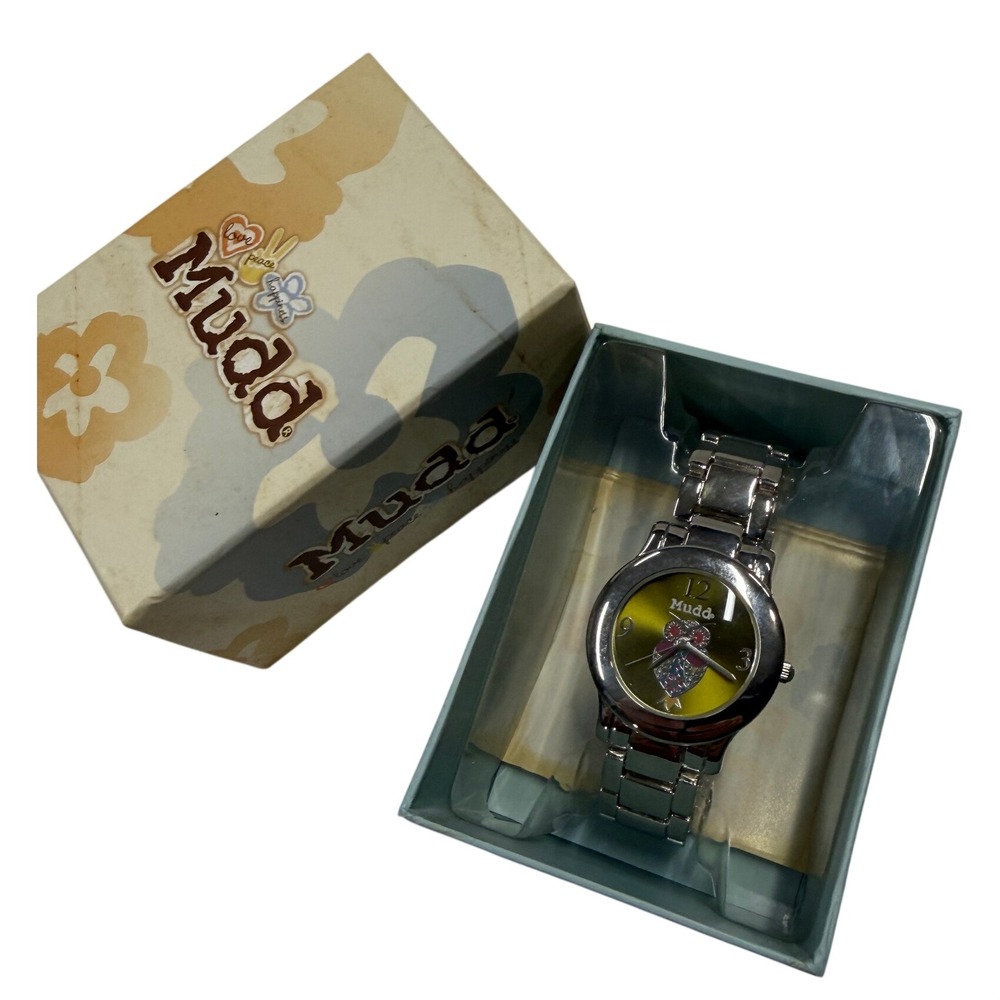 Vintage Mudd Silver Tone Link Bracelet Watch Yellow Owl Dial Y2K with Box